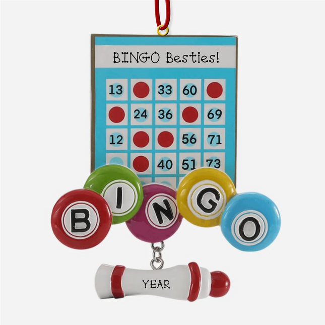 Personalized Bingo Besties Christmas ornament with bingo card, bingo chips, bingo dauber, and custom year
