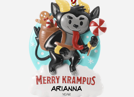 Personalized Merry Krampus Christmas ornament with custom name and year featuring a cute Krampus holding a peppermint lollipop