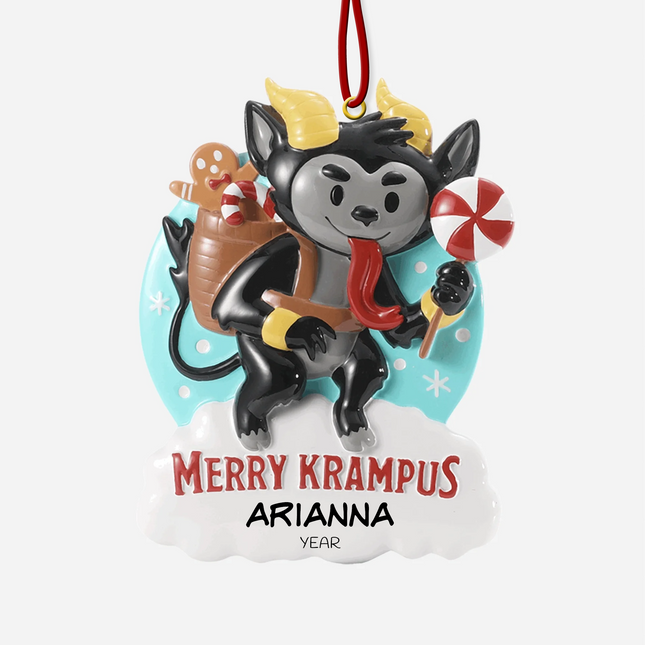 Personalized Merry Krampus Christmas ornament with custom name and year featuring a cute Krampus holding a peppermint lollipop