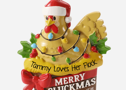 Personalized Merry Cluckmas chicken Christmas ornament with custom name and year