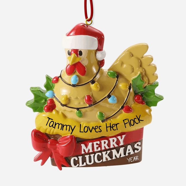 Personalized Merry Cluckmas chicken Christmas ornament with custom name and year