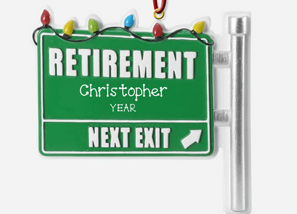 Personalized Retirement Next Exit Christmas ornament with custom name and year on green highway sign