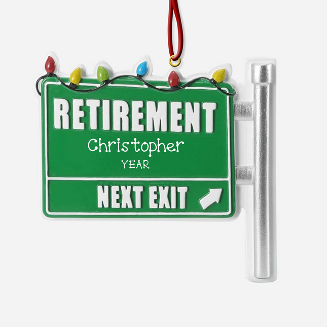 Personalized Retirement Next Exit Christmas ornament with custom name and year on green highway sign