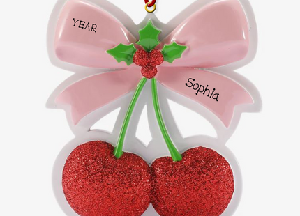 Personalized glitter cherry Christmas ornament with pink bow, custom name, and year