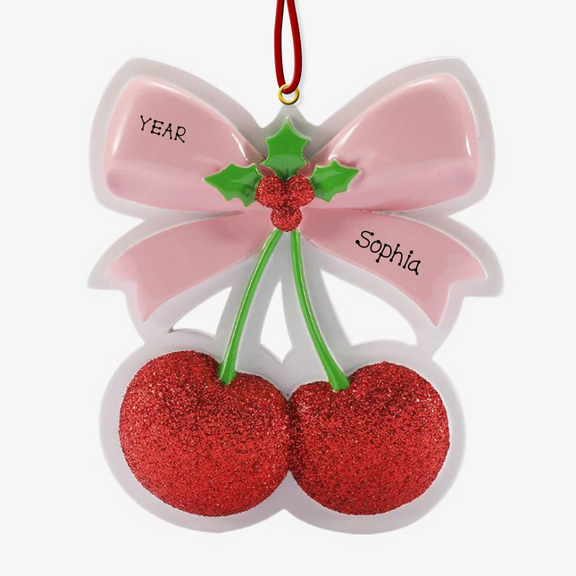 Personalized glitter cherry Christmas ornament with pink bow, custom name, and year