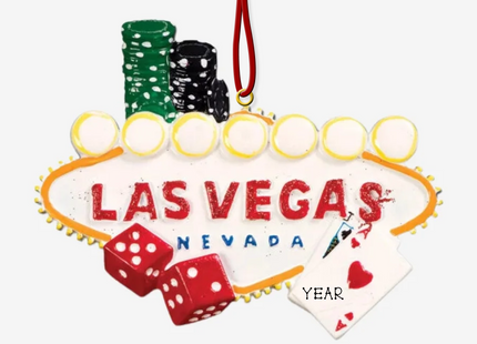 Personalized Las Vegas sign Christmas ornament with poker chips, dice, playing cards, and custom year