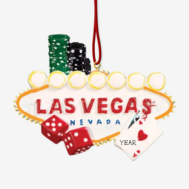 Personalized Las Vegas sign Christmas ornament with poker chips, dice, playing cards, and custom year