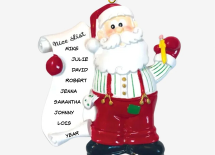 Personalized Santa Nice List Christmas ornament with up to 8 custom names and year.