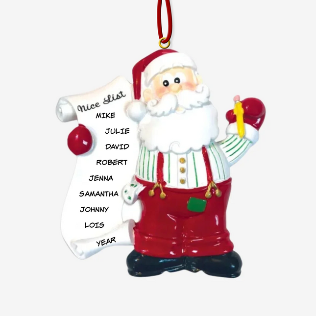 Personalized Santa Nice List Christmas ornament with up to 8 custom names and year.