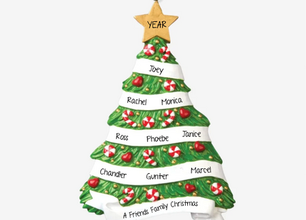 Personalized Christmas tree ornament with up to 10 custom names, year on the star, and personalized family message banner.