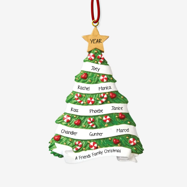 Personalized Christmas tree ornament with up to 10 custom names, year on the star, and personalized family message banner.