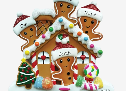 Personalized cookie swap Christmas ornament with four gingerbread friends, gingerbread house, four custom names and year.