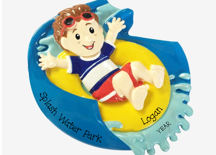 Personalized boy water park Christmas ornament with child on yellow inner tube and blue water slide, custom location, name and year.