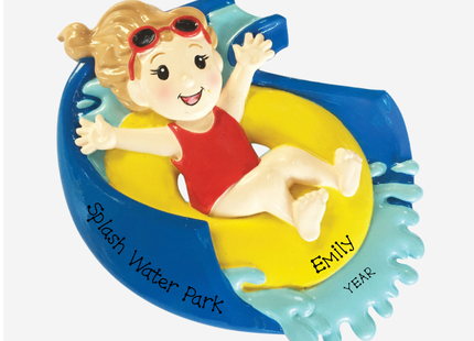 Personalized girl water park Christmas ornament with child on yellow inner tube and blue water slide, custom location, name and year.