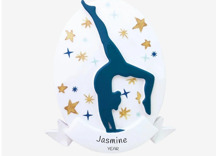 Personalized gymnastics Christmas ornament with gymnast handstand silhouette, colorful stars, custom name and year.