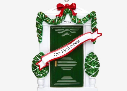 Personalized Our First Home green door Christmas ornament with custom year, banner text, and street address.