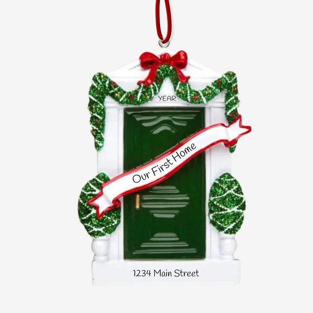 Personalized Our First Home green door Christmas ornament with custom year, banner text, and street address.