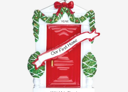 Personalized Our First Home red door Christmas ornament with custom year and street address.