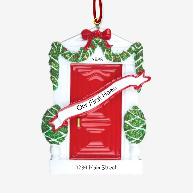 Personalized Our First Home red door Christmas ornament with custom year and street address.