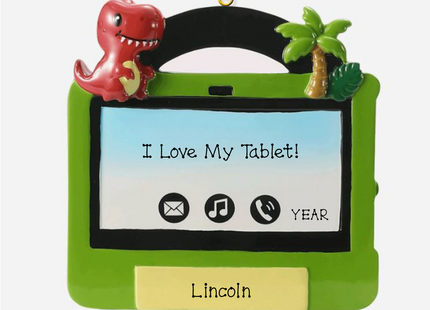 Personalized dinosaur tablet Christmas ornament with custom name and year