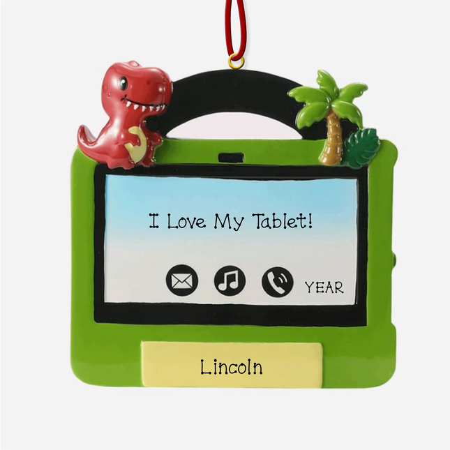 Personalized dinosaur tablet Christmas ornament with custom name and year