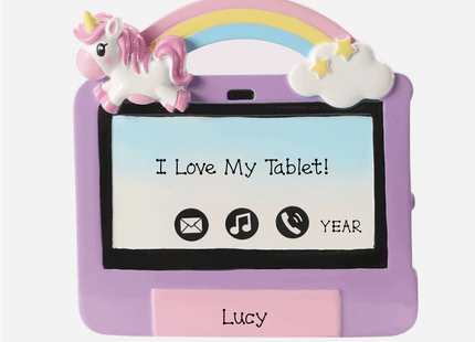 Personalized tablet Christmas ornament with unicorn, rainbow, custom name, and year