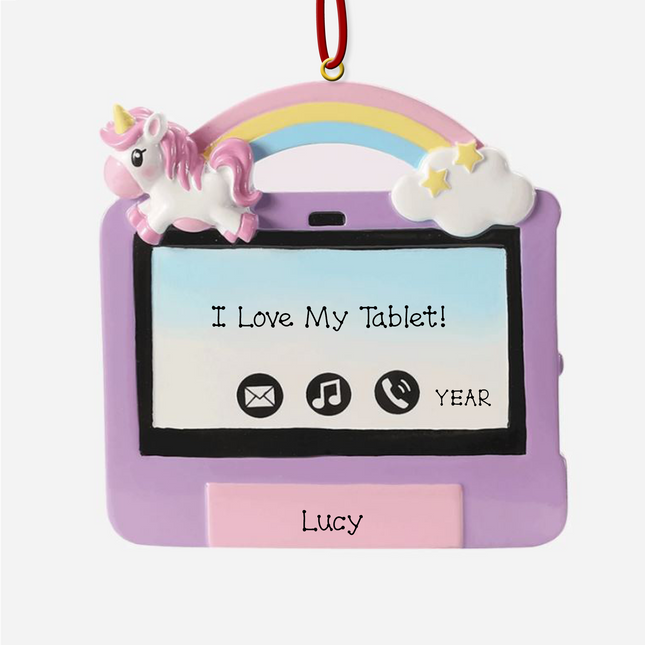 Personalized tablet Christmas ornament with unicorn, rainbow, custom name, and year