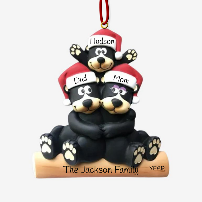 Personalized black bear family Christmas ornament with 3 names, family name, and year
