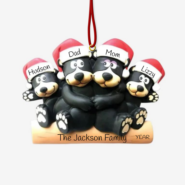 Personalized black bear family Christmas ornament with 4 names, family name, and year