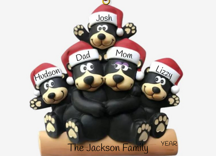 Personalized black bear family Christmas ornament with 5 names, family name, and year