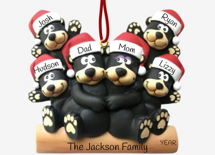 Personalized black bear family Christmas ornament with 6 names, family name, and year