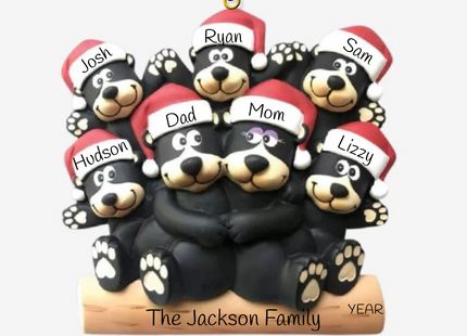 Personalized black bear family Christmas ornament with 7 names, family name, and year