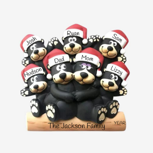 Personalized black bear family Christmas ornament with 7 names, family name, and year