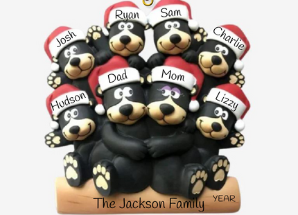 Personalized black bear family Christmas ornament with 8 names, family name, and year