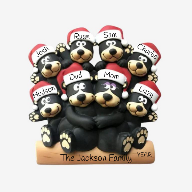 Personalized black bear family Christmas ornament with 8 names, family name, and year