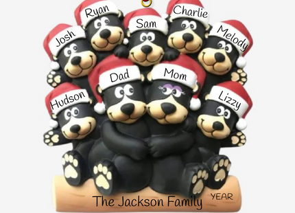 Personalized black bear family Christmas ornament with 9 names, family name, and year