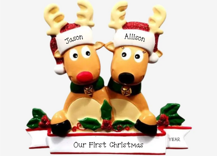 Personalized reindeer couple Christmas ornament with custom names, personalized message, and year
