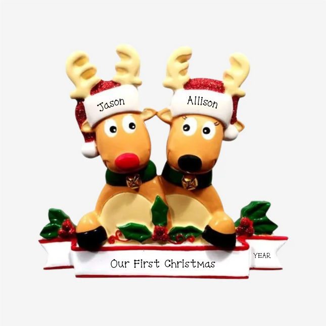 Personalized reindeer couple Christmas ornament with custom names, personalized message, and year