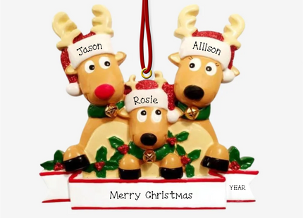 Personalized reindeer family of three Christmas ornament with custom names, personalized message, and year