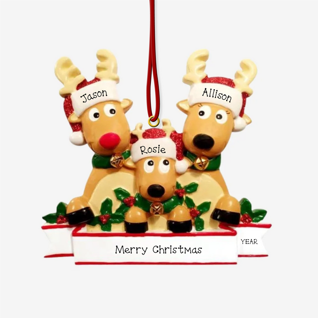 Personalized reindeer family of three Christmas ornament with custom names, personalized message, and year