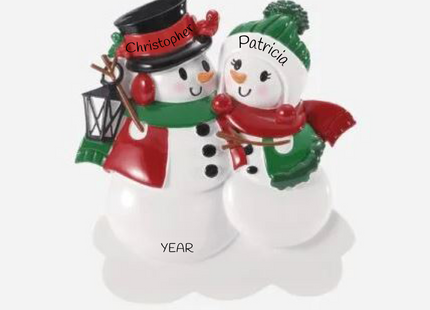 Personalized snowman couple Christmas ornament with custom names, lantern, and year