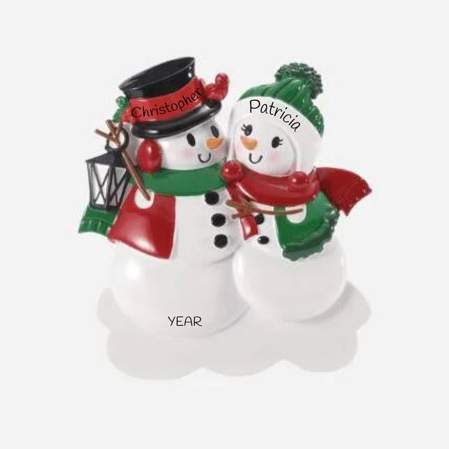 Personalized snowman couple Christmas ornament with custom names, lantern, and year