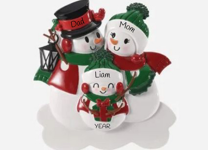 Personalized snowman family lantern Christmas ornament with 3 names and custom year