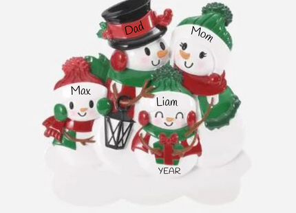 Personalized snowman family lantern Christmas ornament with 4 names and custom year