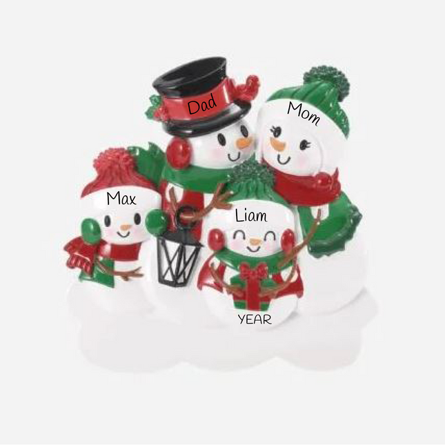 Personalized snowman family lantern Christmas ornament with 4 names and custom year
