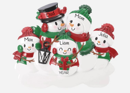 Personalized snowman family lantern Christmas ornament with 5 names and custom year