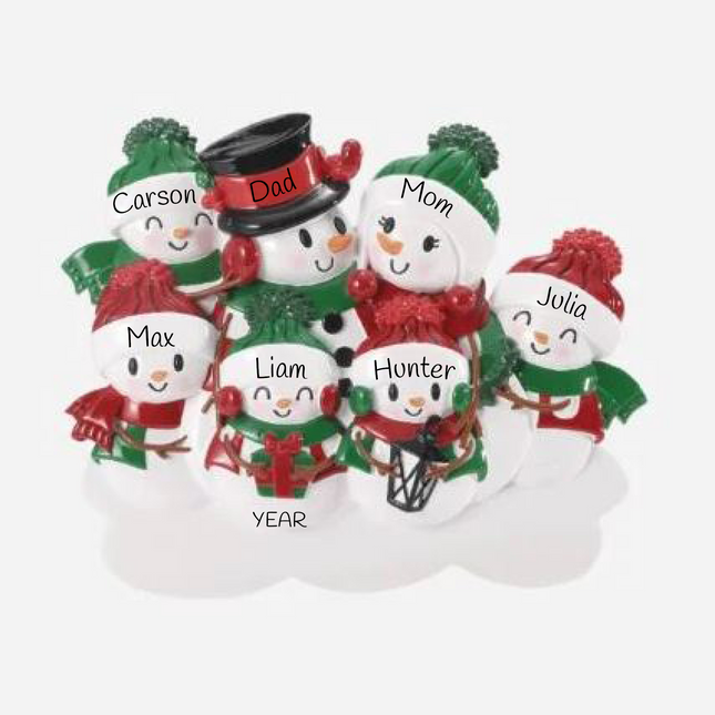 Personalized snowman family of seven Christmas ornament with two parents, five children, custom names, festive lantern, and year.