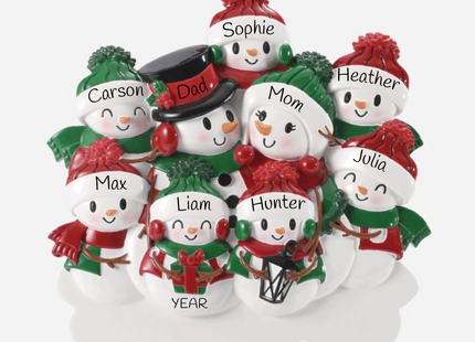 Personalized snowman family of nine Christmas ornament with two parents, seven children, custom names, festive lantern, and year.