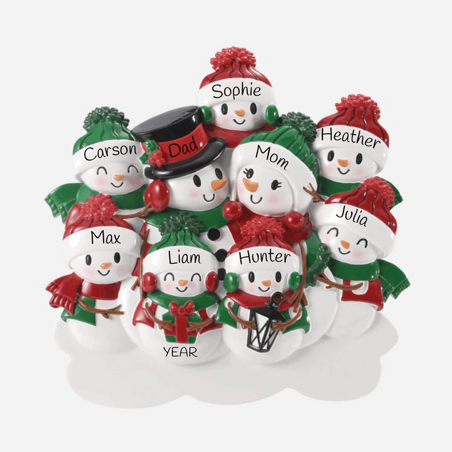 Personalized snowman family of nine Christmas ornament with two parents, seven children, custom names, festive lantern, and year.