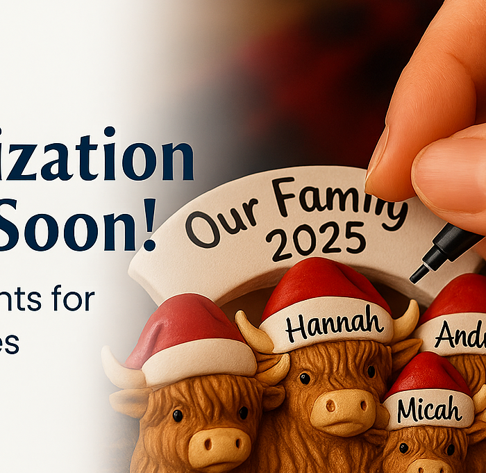 A picture of a Christmas Ornament with a family of 5 Highland cows